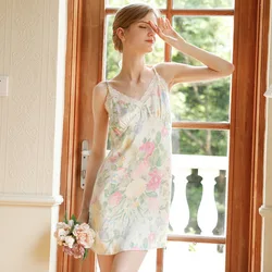 Summer Sexy V-neck Floral Viscose Nightgowns For Women  Sleeveless Soft Lace Comfortable Sleepwear Loose Elegant Dress