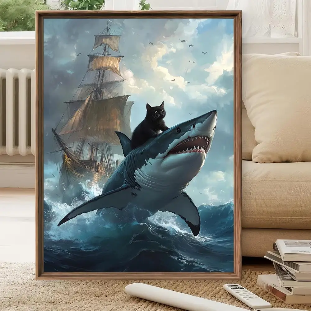 Fat Cat VS Shark HD Wall Art Poster Meme Art Renaissance Painting Style Funny Animal Illustration Quirky Home Decor Gift