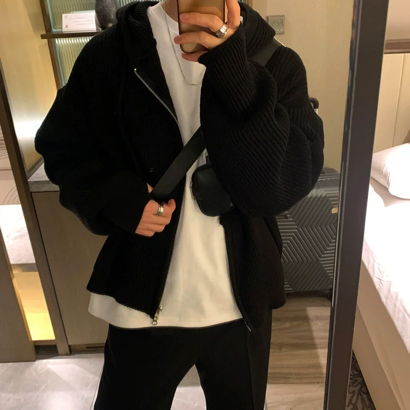 Men's New Winter Y2k Stripe Sweater Hooded Cardigan Cold Coat Zipper Jacket Autumn Warm Clothes Pure Colour Knit Jumper