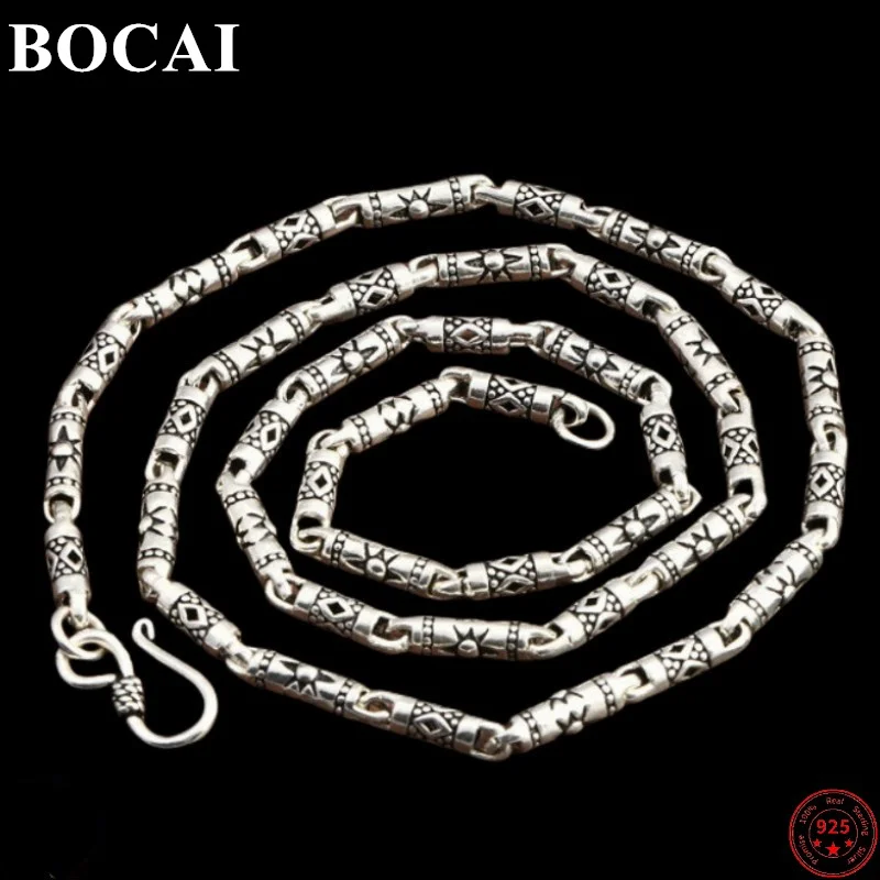 

BOCAI 4mm Thick Cylinder Chain S925 Sterling Silver Classic Vintage Geometric Patterns Men's Necklace Pure Argentum Jewelry