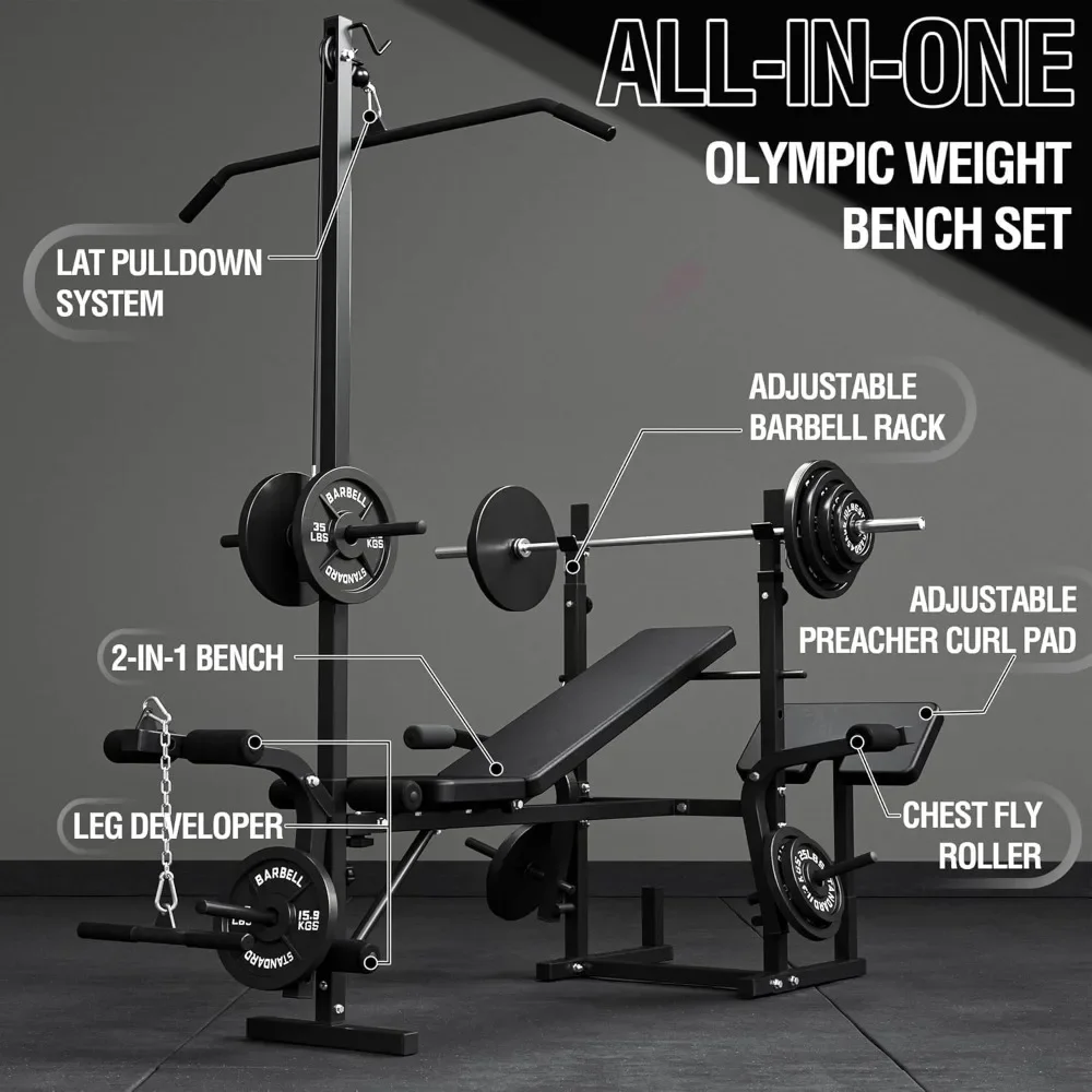 8 in 1 Weight Bench Set with Leg Extension and Leg Curl, Multi-Function Bench Press Set with Preacher Curl Pad and Chest Fly