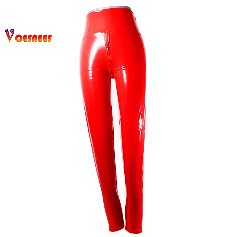 Legging rouge sexy à entrejambe ouvert pour femmes, pantalon PU à double fermeture éclair, batterie, mince, discothèque, micro élasticité