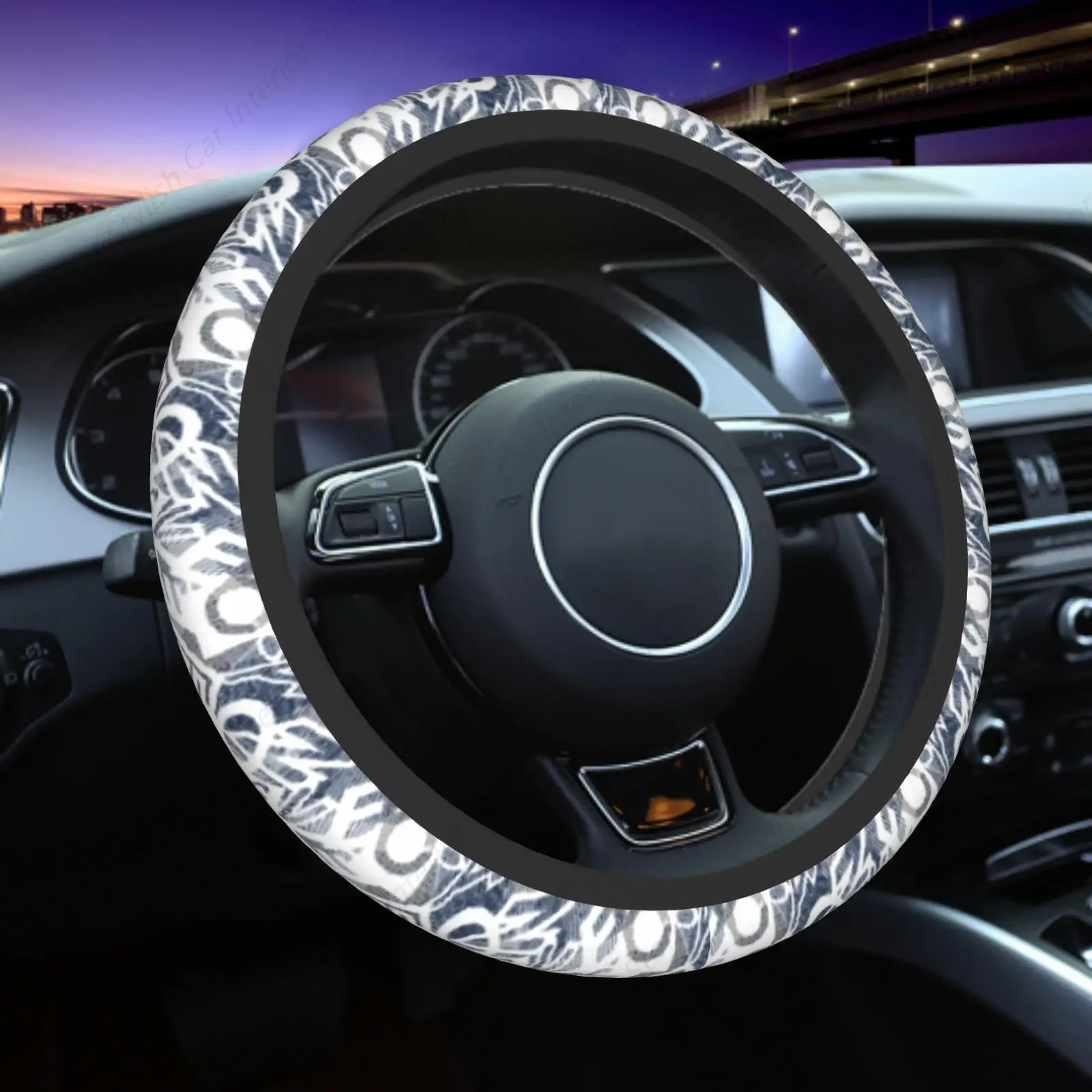 

Gray White Alphabet Print Car Steering Wheel Cover, Trendy Auto Interior Accessory, Ideal for Letter style Lovers