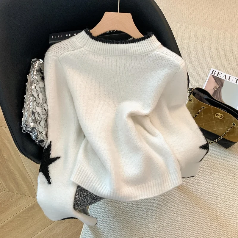 المرأة رمادي س الرقبة ستار متماسكة البلوز سترة 2000s خمر الكورية نمط البلوز متماسكة طويلة الأكمام سترة الكشمير المعنقة الخريف الشتاء #5