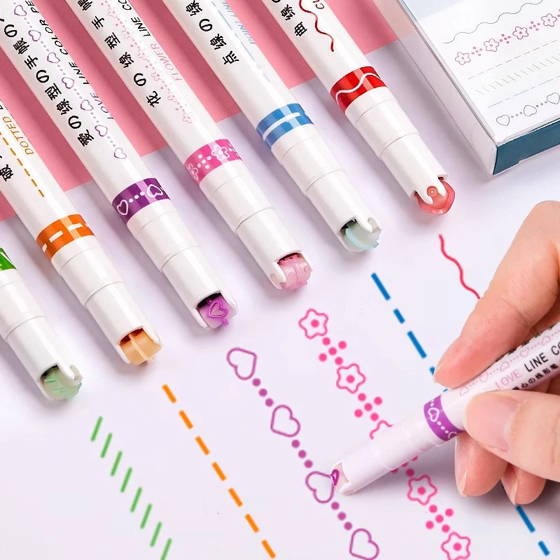 6Pcs/Set Flower Line Shape Highlighter Pen Roller Tip Curve Liner Marker Kawaii Stationery For School Office Home Supplies Gifts