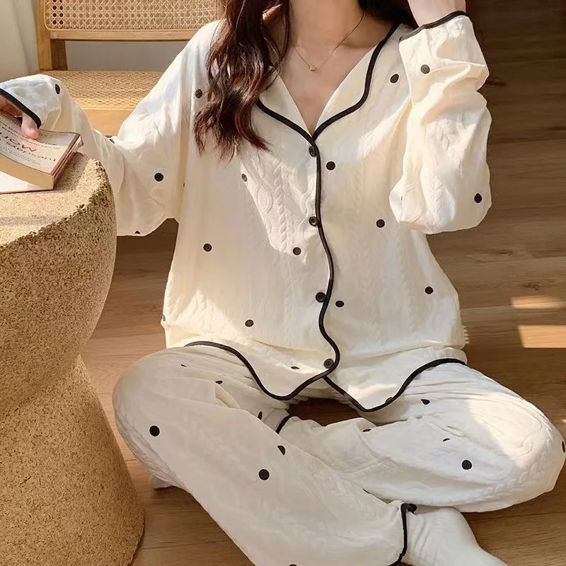 Women's V-neck Cardigan Pajama Set Autumn and Winter Long Sleeved Top, Long Pants, Loose and Soft Casual Home Two-piece Set