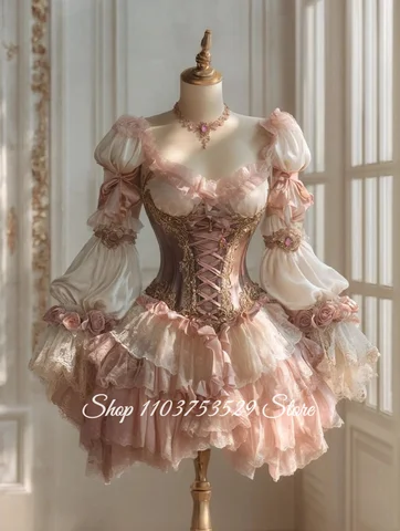 Pink Dreamy Vintage Victorian Ball Gown Customized Cherry Blossom Corset Evening Dress Special Occasion Ball Gown Mini Skirt