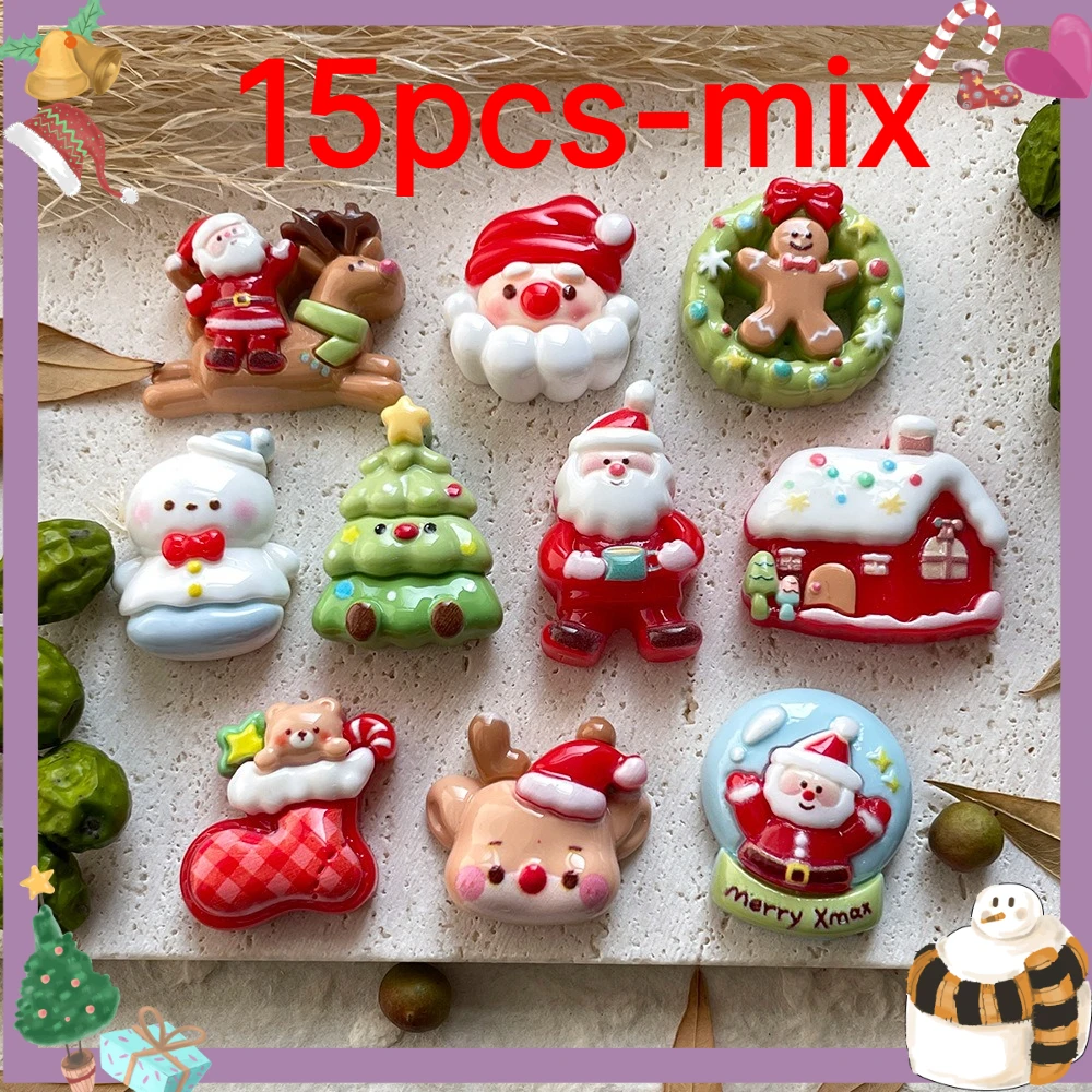 15pcs Christmas Cartoon Resin Small Additions Mobile Phone Case Hair Additions Decoration Material Clip Decoration