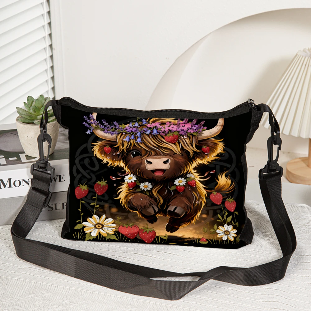 1pc Cute Highland Cow With Flowers And Strawberries Print Crossbody Bag Black Shoulder Bags For Women Travel Shopping Daily Use