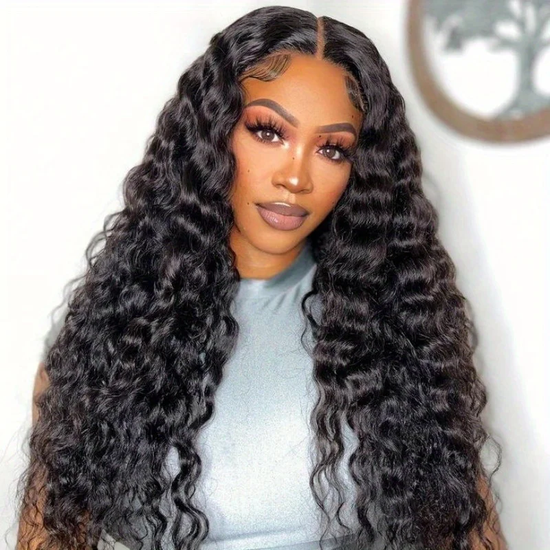 

Deep Wave Lace Front Human Hair Wigs 5x5 Deep Wave Wig Human Hair Pre Cut Wigs Pre Plucked 180% Density (natural colour26 inch)