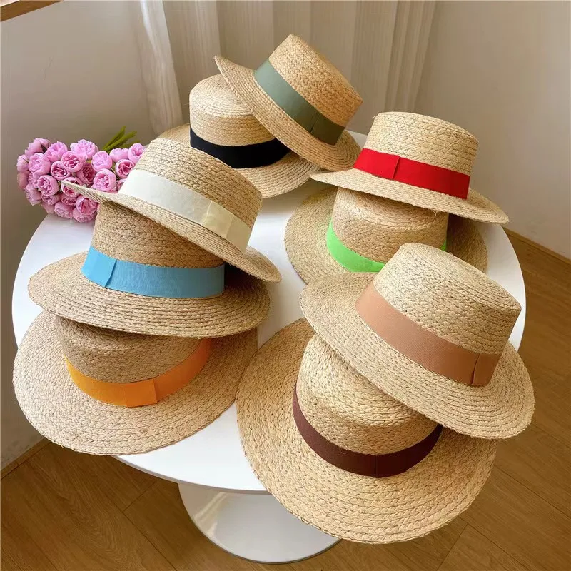 

French Pastoral Straw Hat Big Brim Sunshade Women's Flat Top Lafite Hat Vacation Travel Fashion Handmade Straw Hat