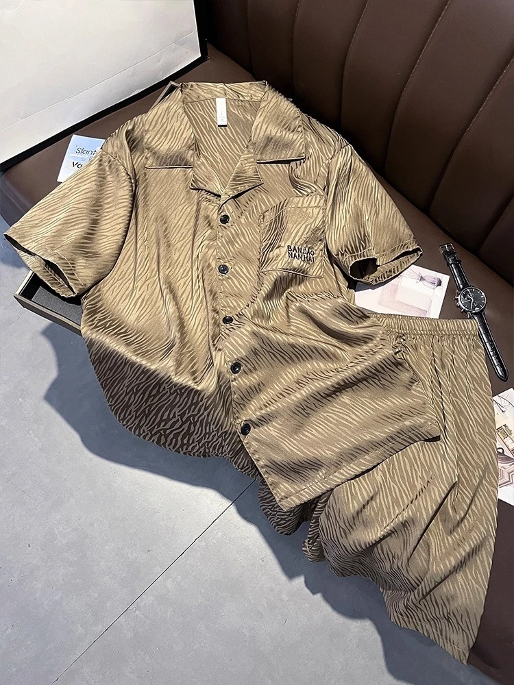 

New Luxury Striped Mulberry Silk Pajamas Men's Short sleeved Shorts Thin Silk Home Furnishing Set