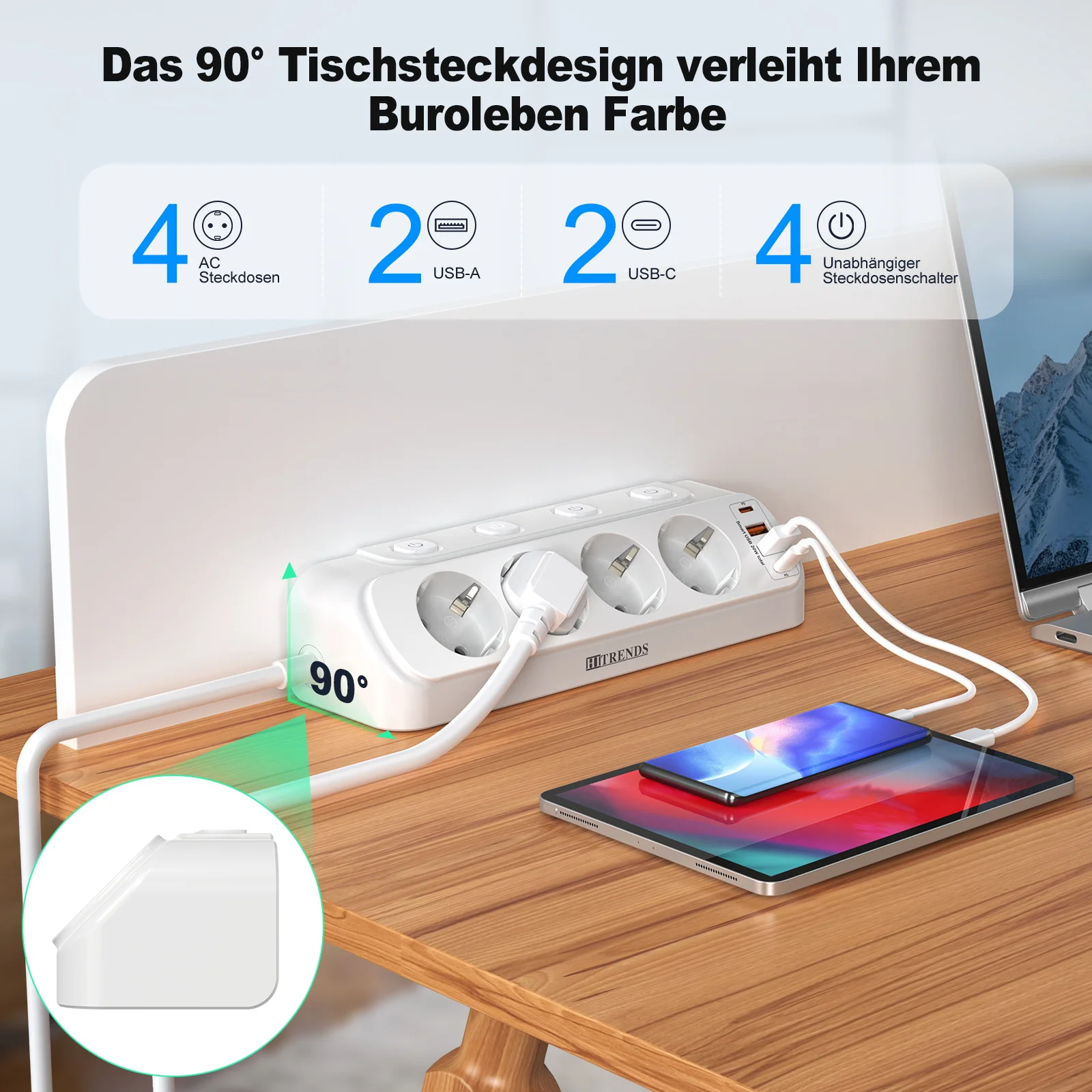 EU Plug Desktop Power Board 4 AC Power Sockets Separate Switch 2 USB-A 2 USB-C Fast Charging Ports 2 Meters Extension Cable Whit