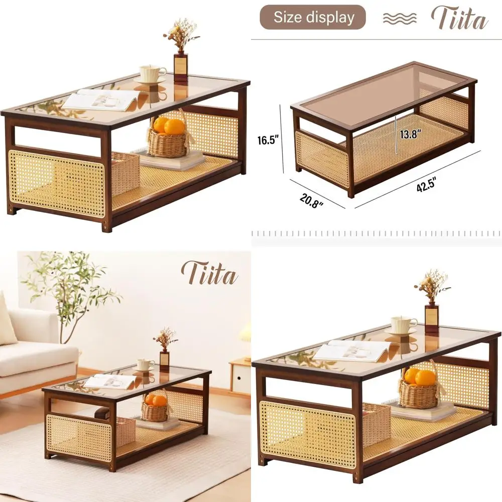 

Mid-Century 2-Tier Storage Coffee Table with Rattan and Glass, Perfect for Brown Living Room & Apartments