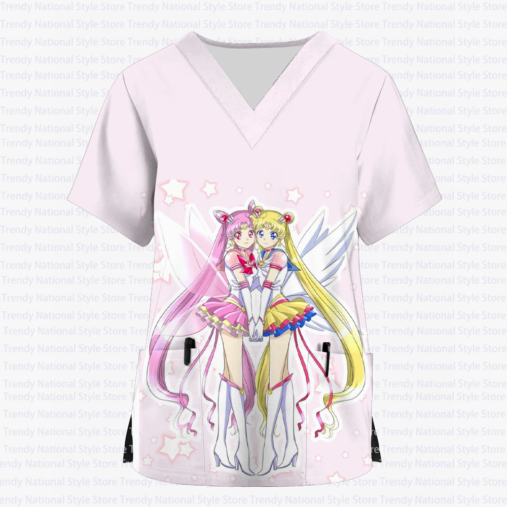 2025 Nuova Estate Del Fumetto Sailor Moon Infermiera delle Donne Uniforme Con Scollo A V Tasca Stampata Top Smerigliato Uniforme Da Lavoro Ospedale T-shirt