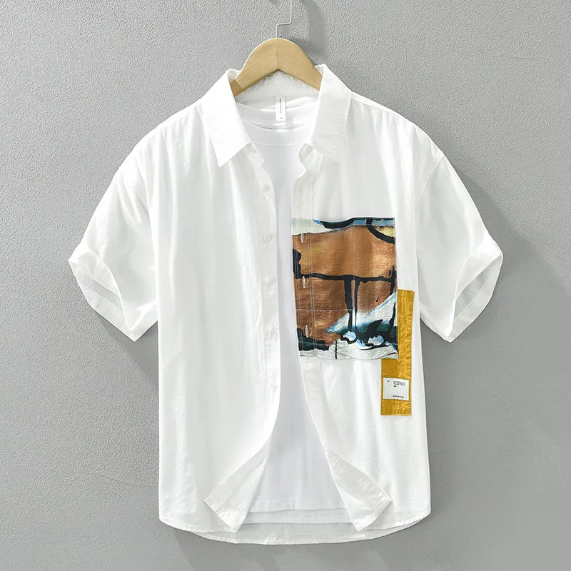 

Artistic Print Patchwork ort Sve Men's irt Summer Thin Fre Casual Loose Top Trendy Pure Cotton Youth Faion
