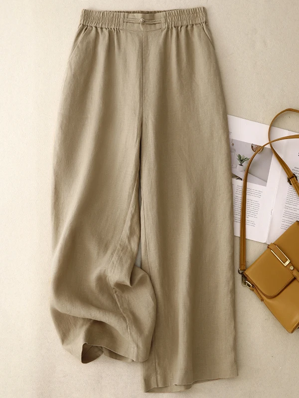 シンプルなピュアカラーコットンリネンワイドレッグパンツ女性の夏の新スタイル通勤カジュアルルーズドレープストレートレッグパンツ