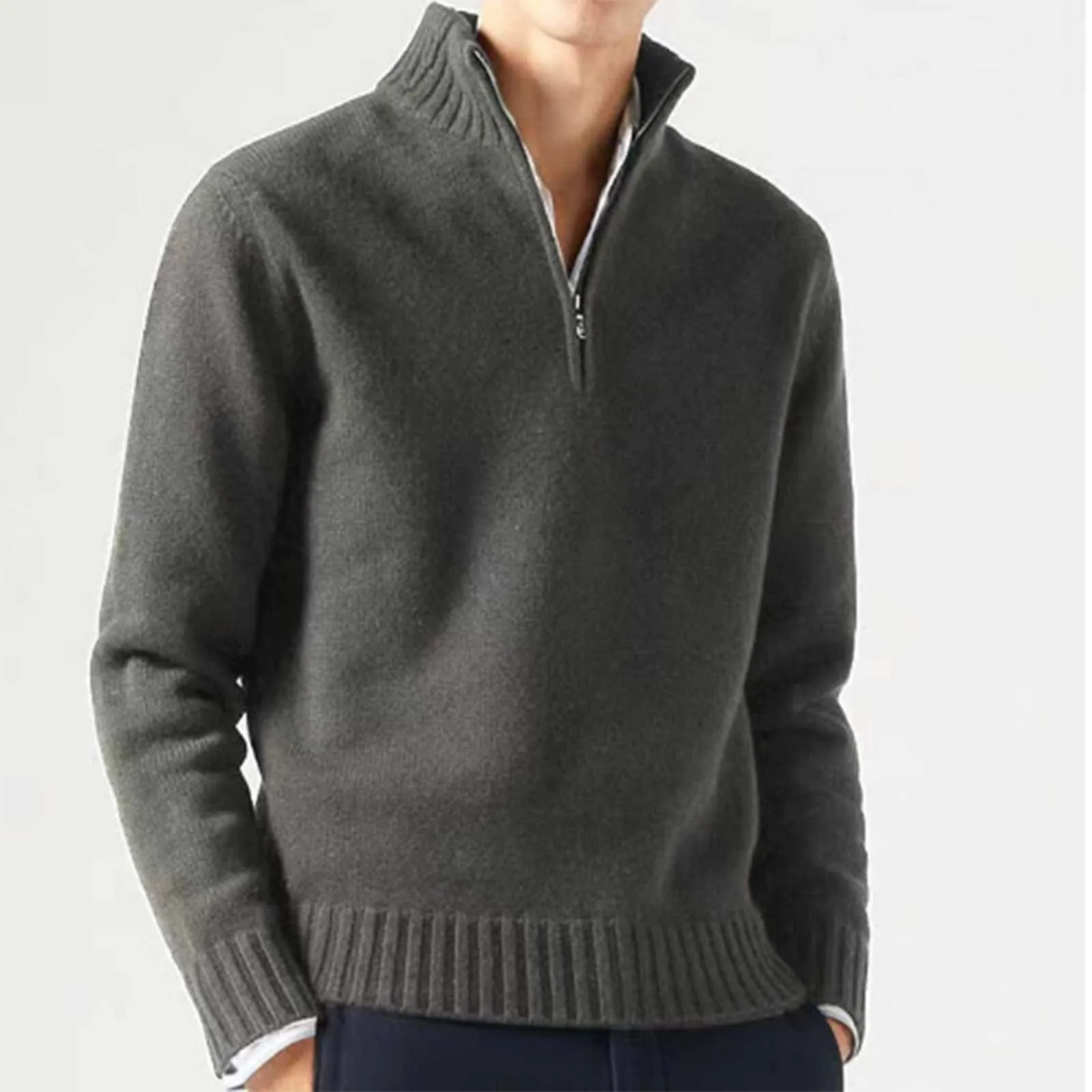 Male Casual Simple Bottom Sweater Solid Color Warm Wool Knit Half Zip Long Sleeve High Collar Sweater Mid Length Jackets for Men