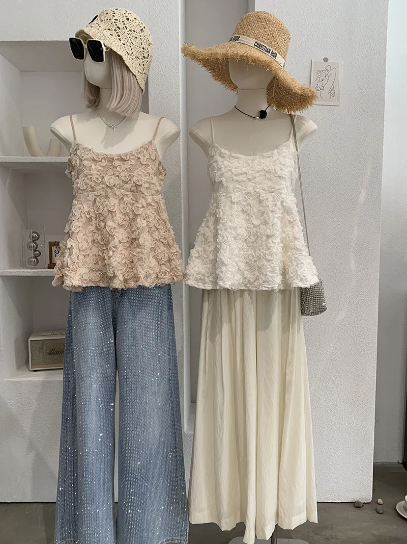 Sweet Appliques Flower Solid Spaghetti Strap Sleeveless All Match Loose Camis