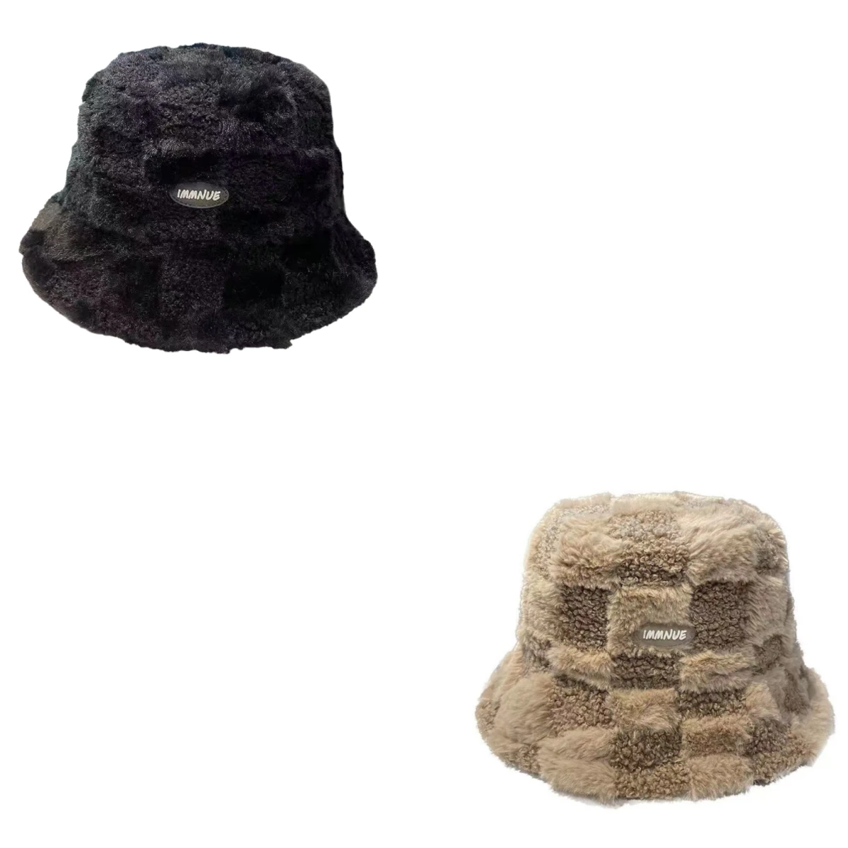 

Outdoor Warm Casual Basin Hat Plush Checkerboard Pattern Bucket Hat Versatile Ear Protection for Autumn and Winter Panama Hat