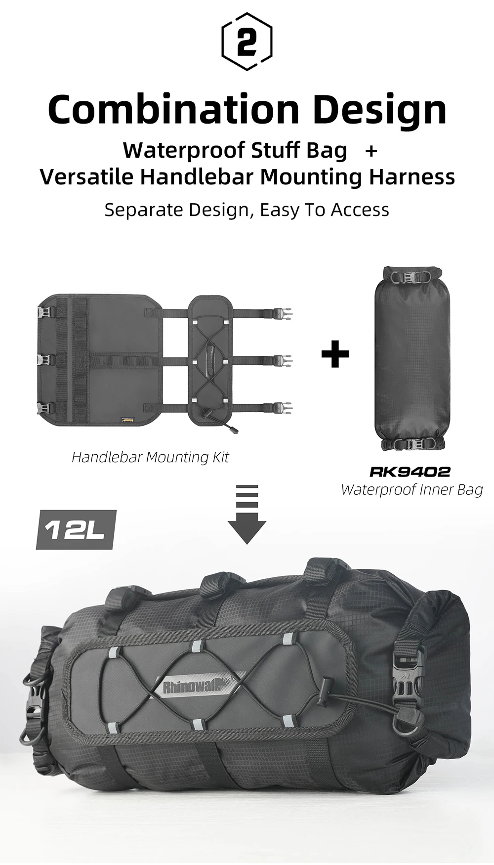 Rhinowalk Fahrrad-Lenkertasche, 12 l, wasserdichtes Fahrradhalter-Set, Fahrradtaschenbasis mit austauschbarer innerer Trockentasche, Gepäckaufbewahrung – Detail 7