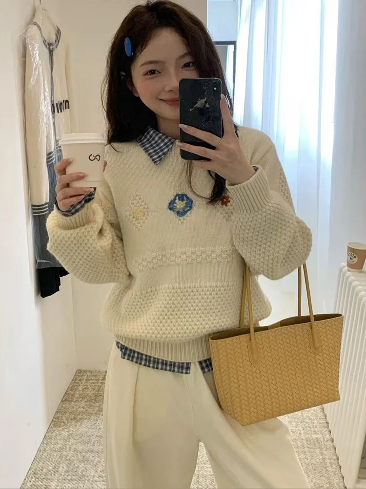 

Женский вязаный свитер с круглым вырезом и вышивкой, свободного кроя, осенне-зимний, модный, универсальный, грязеотталкивающий, легко надеваемый топ