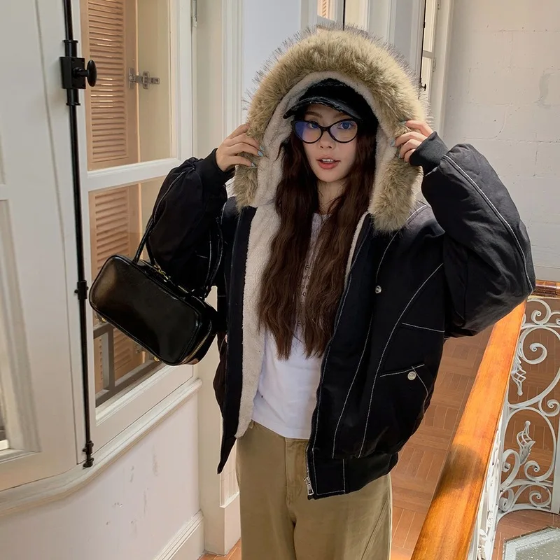 

Quilted Short Cotton Jacket with Fleece down Feather Vest Vintage Large Fur Collar Hooded Coat for Women Winter Wear