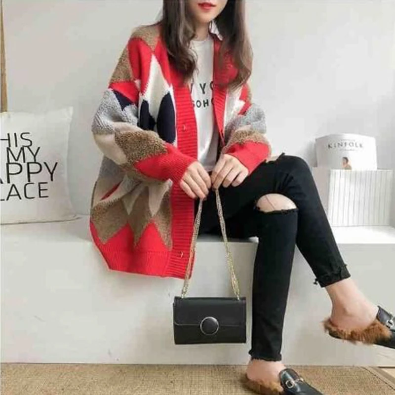 Cárdigan empalmado multicolor con rejilla de diamantes, chaqueta para mujer, Otoño Invierno, informal, calle, abrigo de punto holgado y cálido, Top