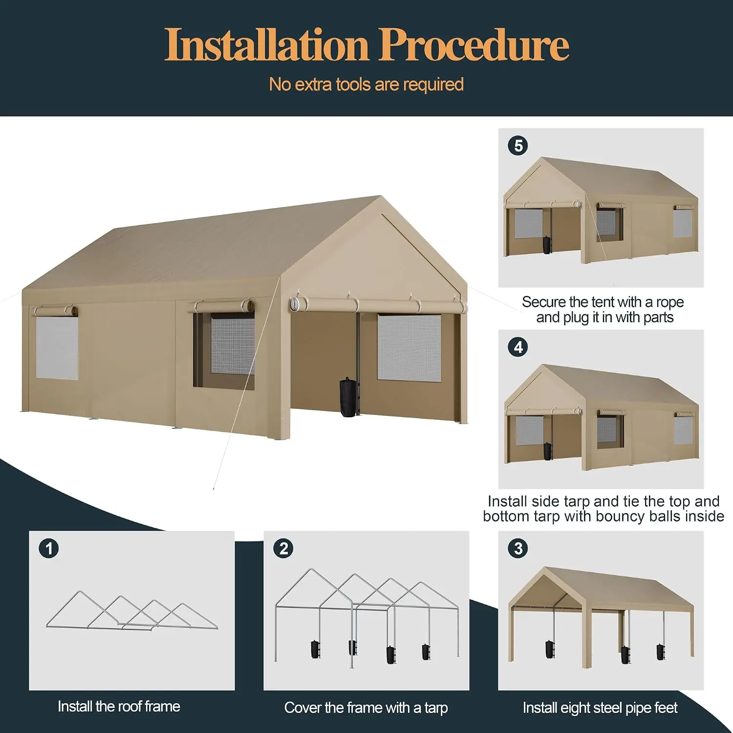 Portable Garage Canopy,12x20 FT Heavy-Duty Design Carport,Carport Canopy with Side-Opening Removable Door & Roll-Up Window,Porta