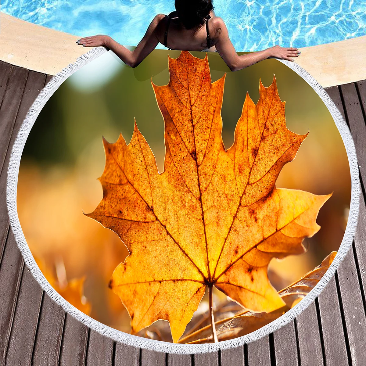 Autumn Leaves Round Beach Towel Sand Free Absorbent Quick Dry Towel with Tassels for Bathroom Pool Surfing Outdoor Meditation