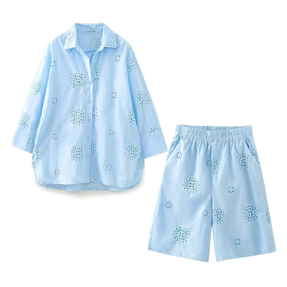 Summer Pajamas for Women Blue Embroidered Short Two Pieces Set Hollow Out Woman Elastic Waist Casual Shorts Sleepwear Outfits