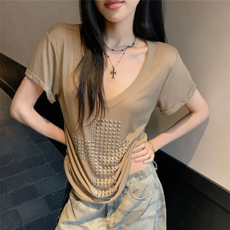 

Spice Girl Wind Heavy Industry V-Neck Short Sleeve T-Shirt Women's Summer Loose Khaki Top