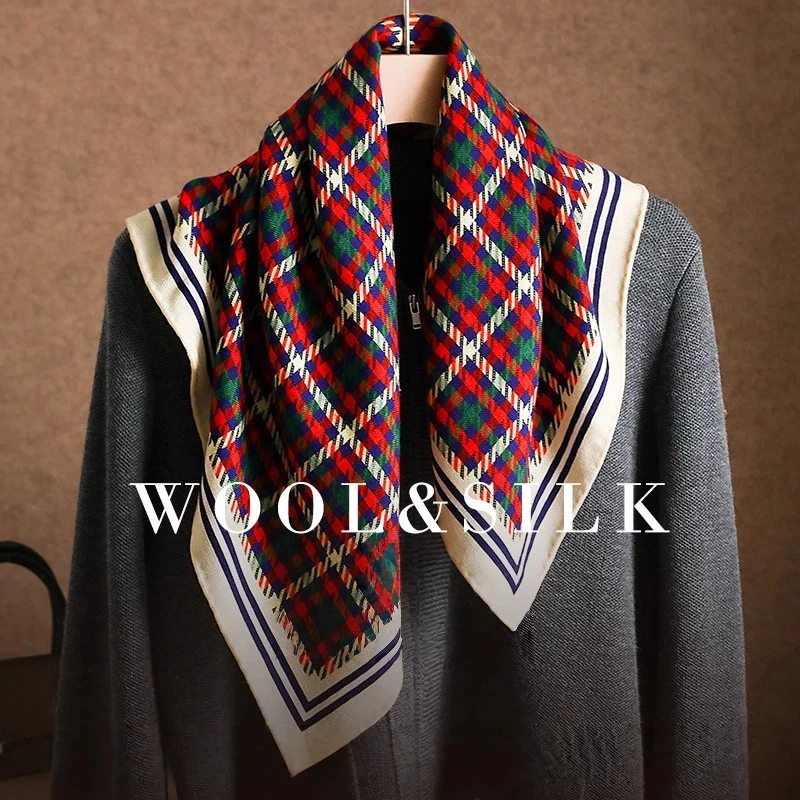 Bufanda de invierno 30% de seda 70% lana para mujer, bufanda navideña de marca de lujo, bufandas de cuello a cuadros verdes y rojas, calentador de cuello