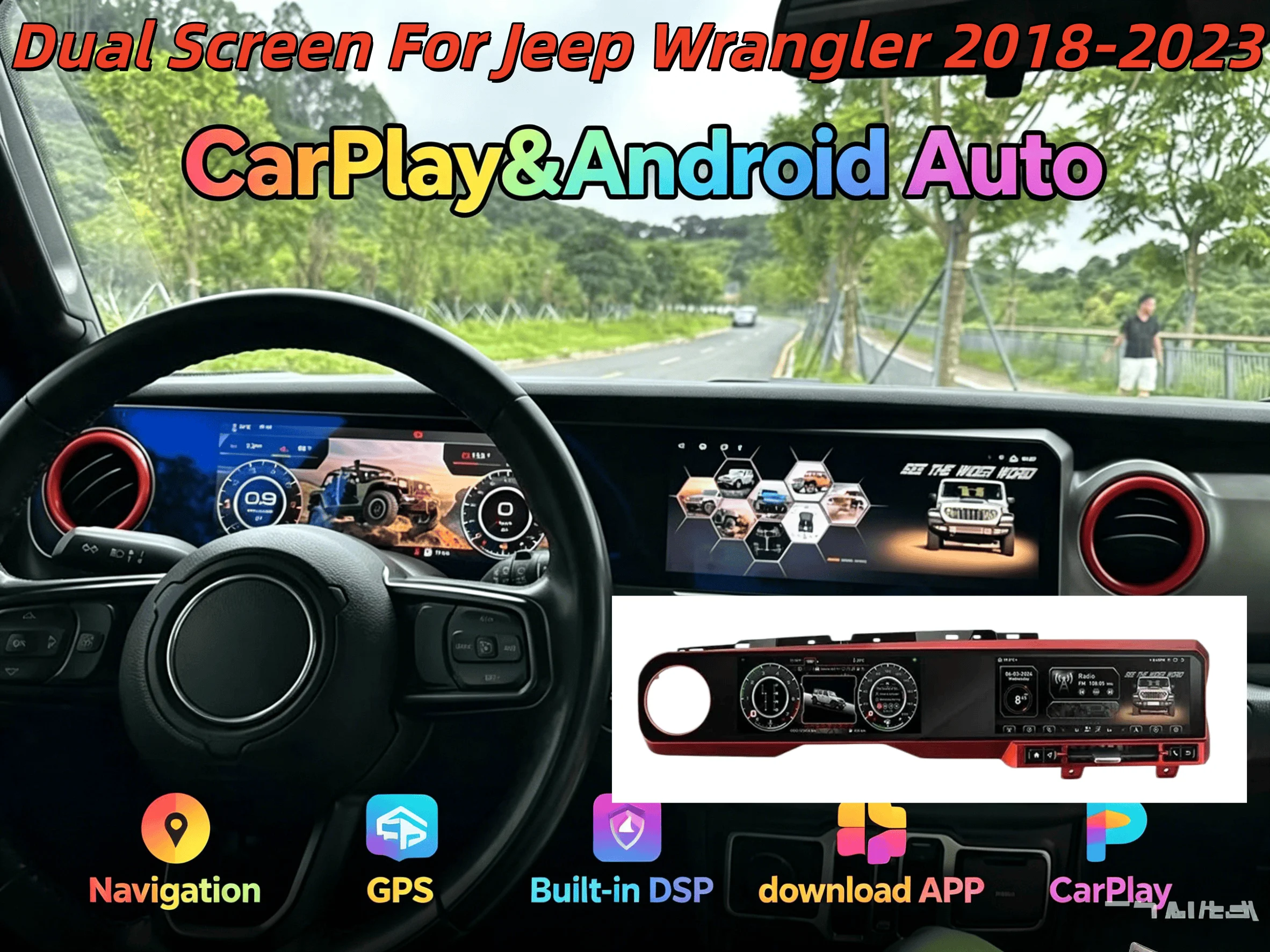 12.3inch+12.3inch Carplay Car Radio For Jeep Wrangler 2018-2023 Android Dual Touch Screen Radio Digital Cluster Multimedia