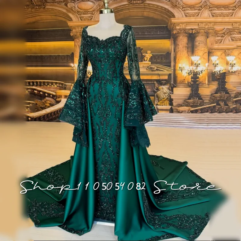 Elegantes grünes Nikkah-Brautkleid mit V-Ausschnitt, ausgestelltem Rock, langen Ärmeln, arabischer Spitze, Pailletten und Schleppe – Henna-Hochzeitskleid, individuell anpassbar