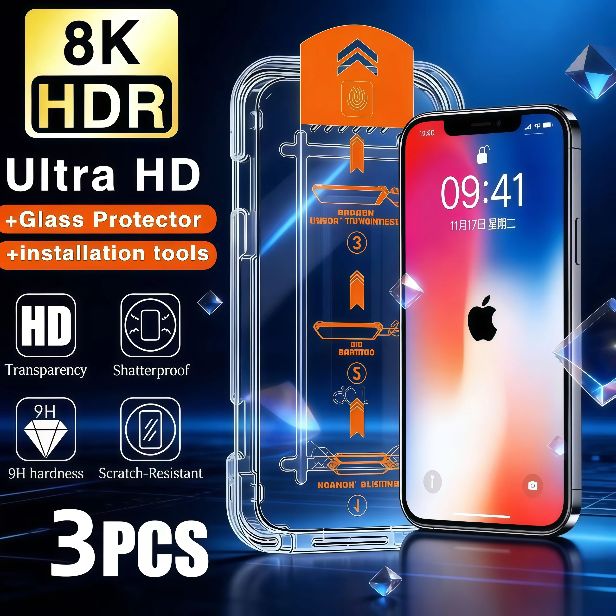 3Pcs Oleophobic Coating Dust Free Easy Installation Screen Protector For iPhone17 16 15 14 13 12 11 X XS 16 Plus 17ProMax Glass