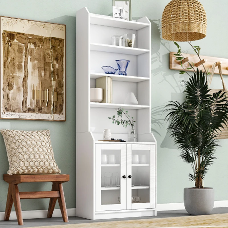 ON-TREND Elegant Tall Cabinet with Acrylic Board Door, Versatile Sideboard with Graceful Curves, Contemporary Bookshelf, White