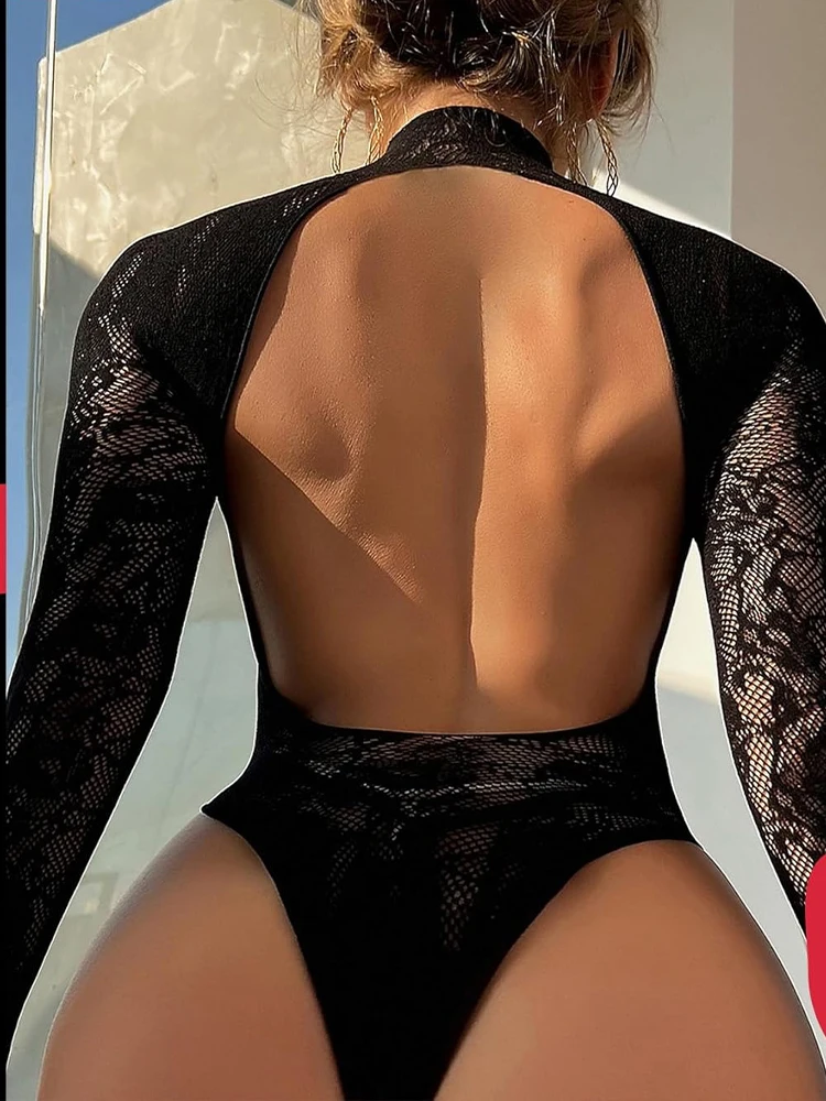 오픈 백 레이스 쉬어 긴팔 바디 슈트 여름 선 스크린 통기성 탑 Siamese Fishnet 티셔츠 바디 양말 여성용 스타킹