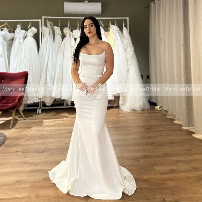 Vestido De novia De satén blanco marfil sin tirantes para mujer, traje De novia De sirena, hecho a medida, 2024