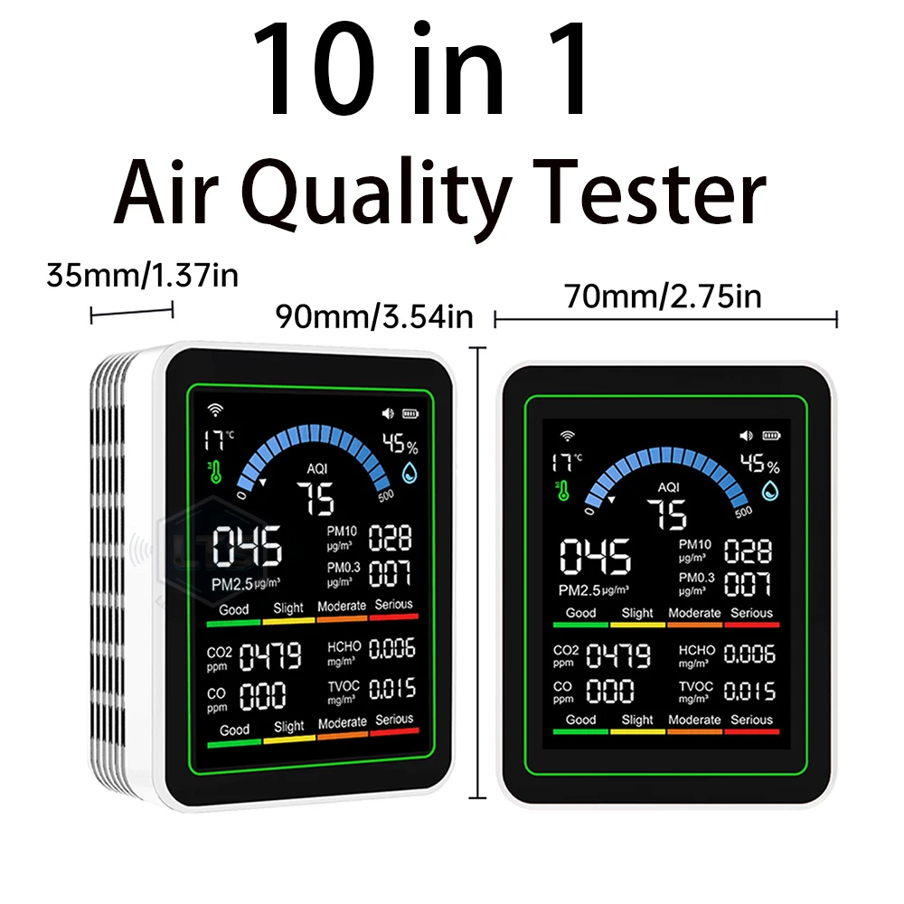10-in-1 Tuya WiFi Air Quality Detector CO2 Monitor PM1.0 PM0.3 PM2.5 PM10 Formaldehyde Detector Temperature and Humidity Meter