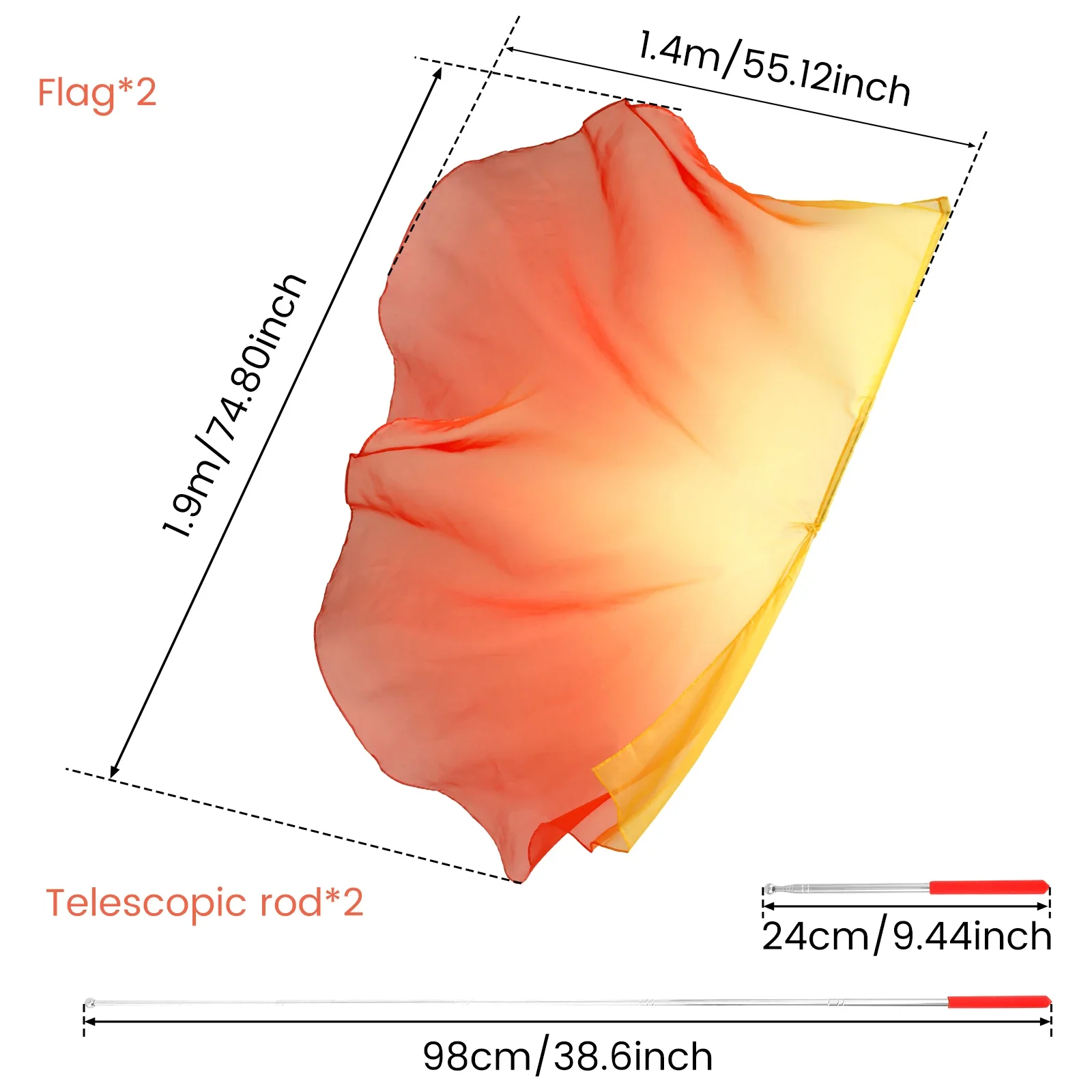 Banderas de adoración de danza, banderas de danza de alabanza con poste telescópico, velos de seda para danza del vientre de medio círculo, banderas de ala de seda para exteriores, 2 uds.