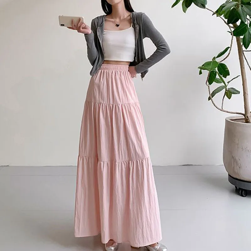 Lucyever Women Pink Pleated Skirts Korean Style High Waist Long Skirt Woman Solid Color Beach Vacation A-Line Skirt De Mujer