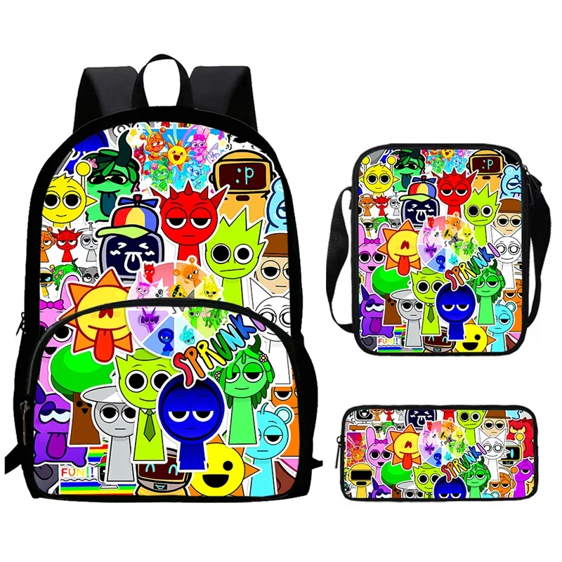 Mochila S-Sprunki Bolsas escolares infantis com bolso frontal, bolsas de ombro, bolsas de lápis para idades de 5 a 10 anos Mochila escolar de desenho animado meninos meninas