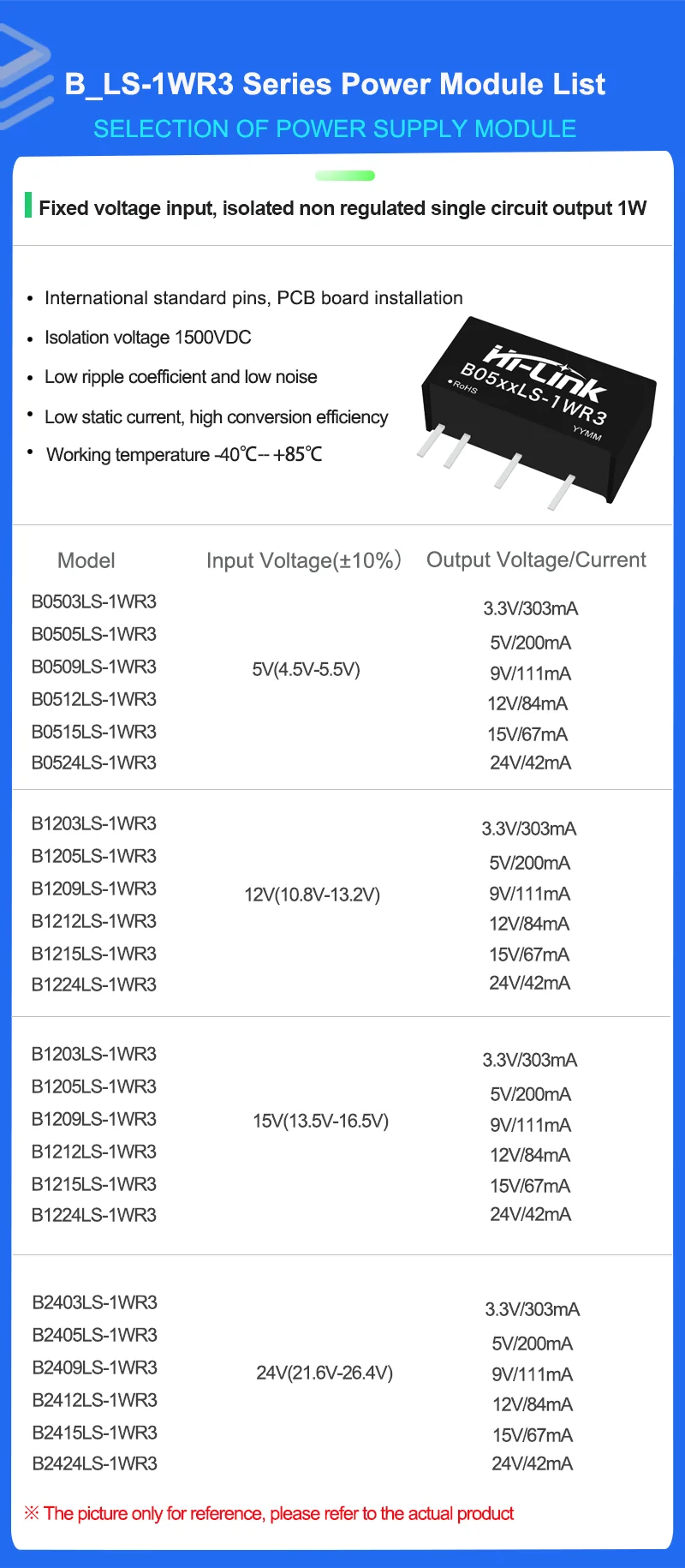 Hi-link小型DC絶縁電源,安定化電源,予備定格B0512LS-1WR3, 1w,5v〜12v,84ma