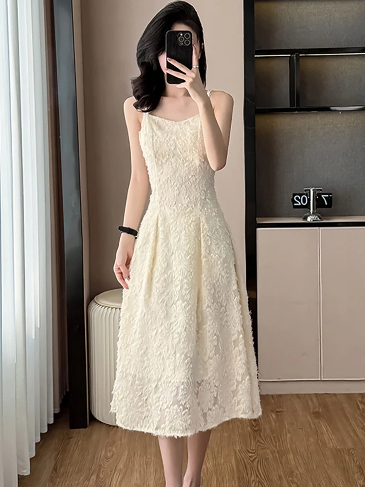 2025年夏ファッションレースジャカードシックなスリングセクシーロングドレス韓国エレガントラグジュアリーパーティーVestidos女性プリーツボディコンVestidos