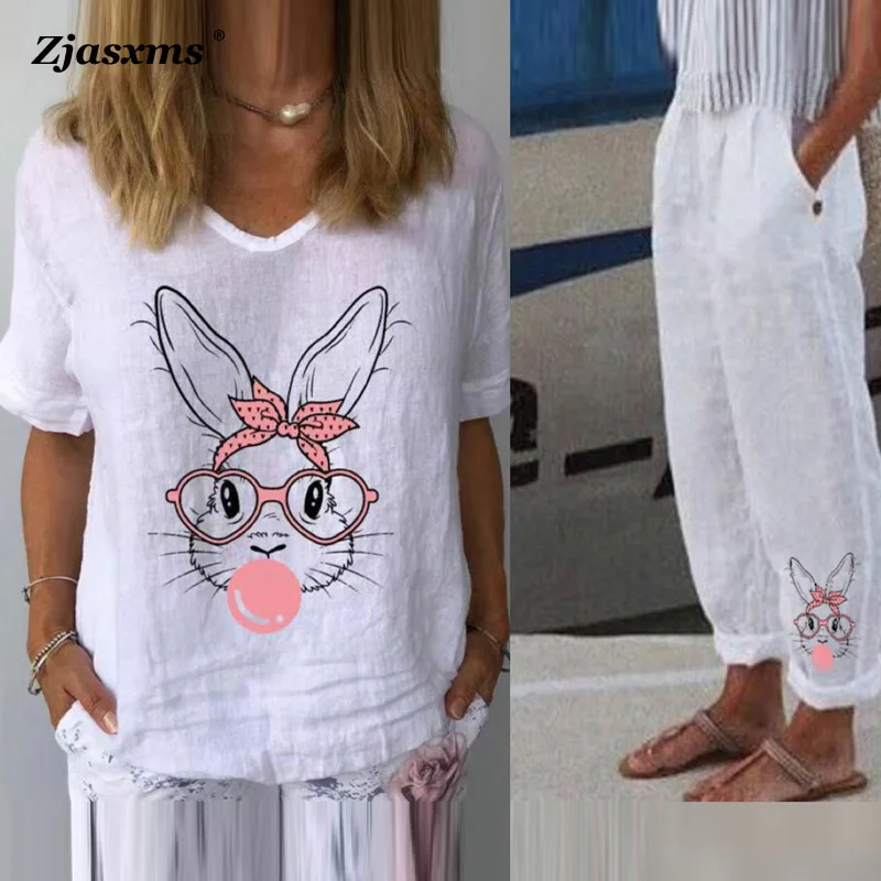 

Fashion Lady Long Pants Suit Spring Summer Print Short Sleeve Cotton Linen Suit Harajuku Casual V Neck Tops and Pocket Trousers