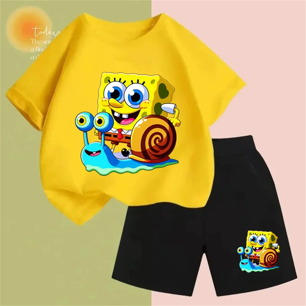 Spongebob Casual Summer Kids Short sleeve printed cartoon crew neck T-shirt + Shorts pure cotton breathable and comfortable