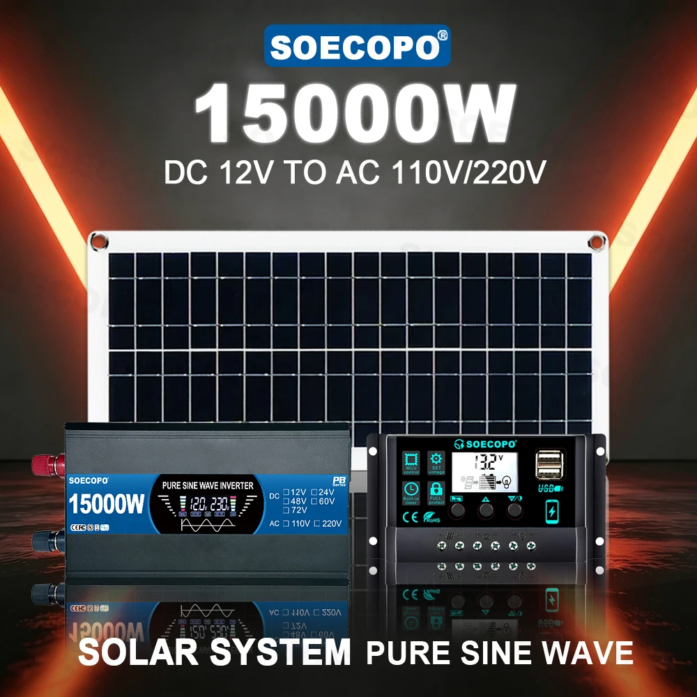 Tragbare Powerstation 15000W Solar-Kit 200W Panel 100A Controller 110V/220V Reiner Sinus-Wechselrichter für Auto, Survival-Kit, Garten