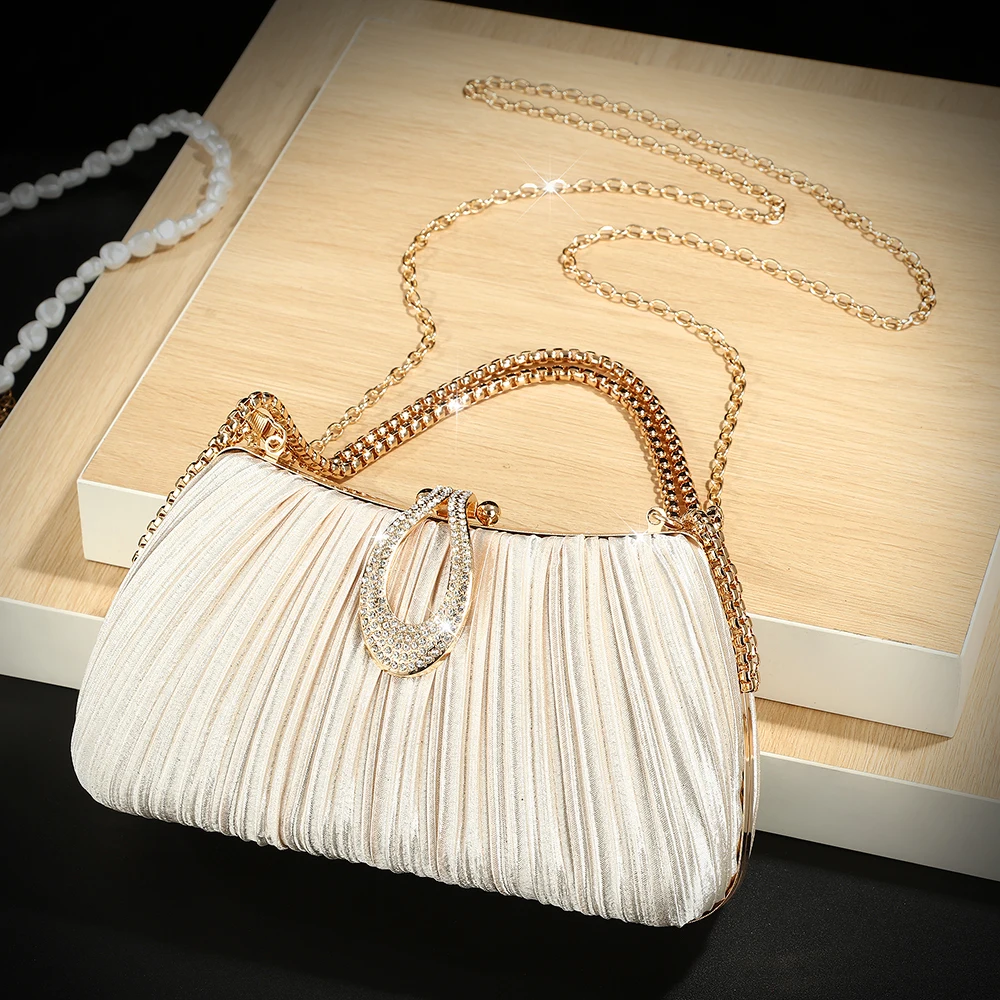 New European and American diamond-encrusted elegant pleated evening bag women's fashionable single-shoulder bag party chain h