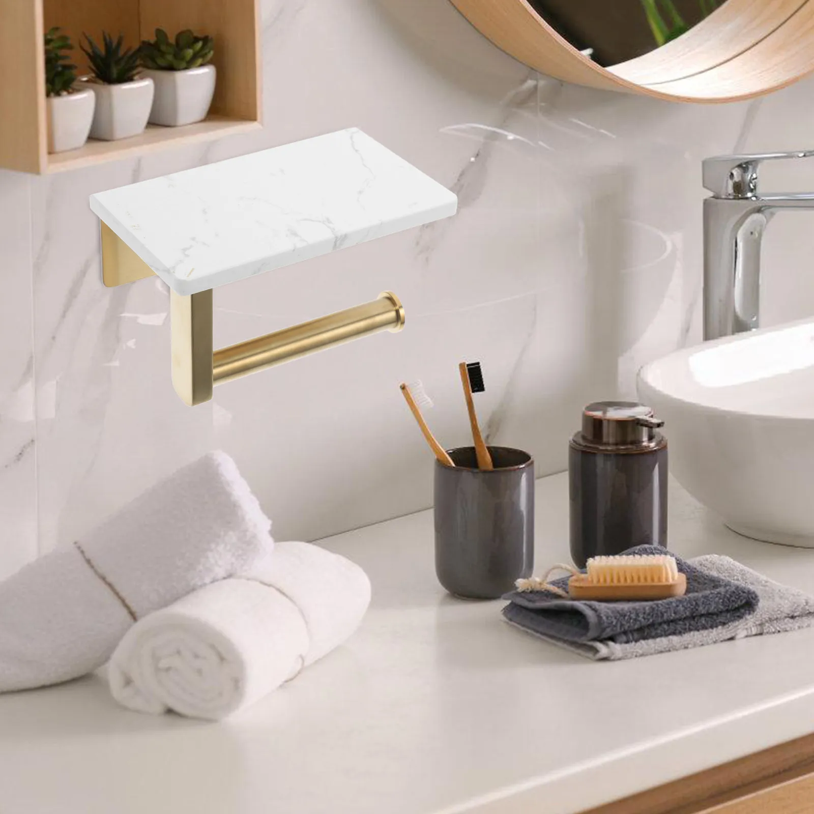 

Modern Stainless Steel Marble Toilet Paper Holder with Shelf Wall Mount Bathroom Roll Paper Rack Multipurpose Sundries Organizer